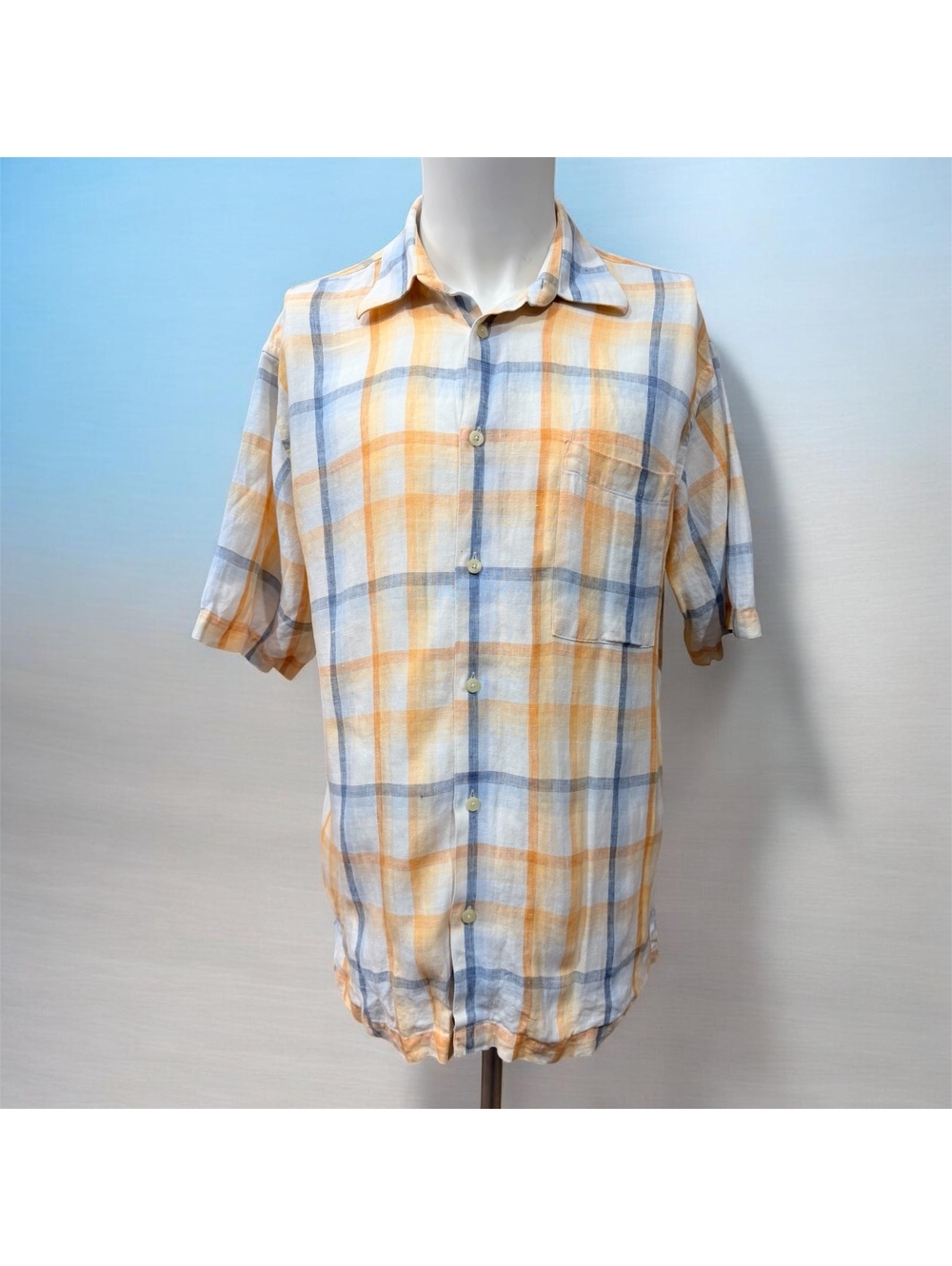 Toscani Men’s Short Sleeve Button-Up Linen Plaid Shirt in Orange and Blue Sz M